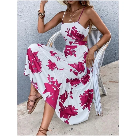 Boho Floral Tropical Print Cut out Maxi Dress - Picture 2 of 9